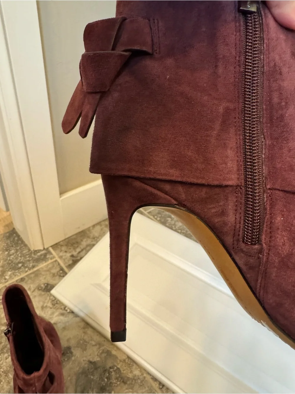 Vince Camuto Amesha Open-Toe Suede Maroon Women’s Ankle Booties with Bow Detail